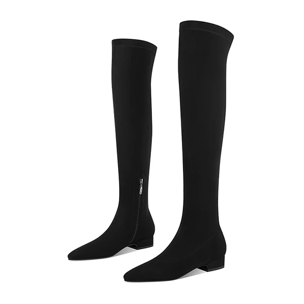 【跟高3cm】弹力靴过膝长靴2024年秋冬季新款平跟低跟纯色简约百搭