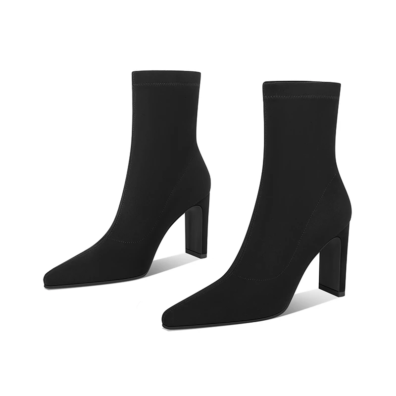 【跟高7cm】新款纯色尖头弹力瘦瘦靴粗跟高跟短靴子百搭女