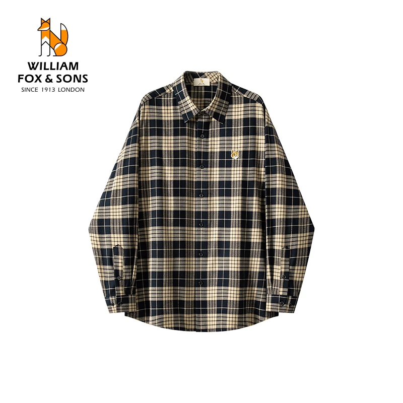 英国小狐狸秋季复古色纺提花翻领宽松休闲日系潮流翻领长袖衬衫男