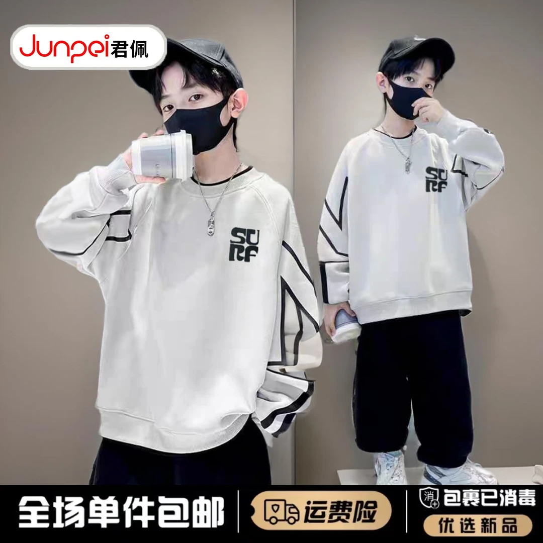 青少年男生秋季长袖立体剪裁儿童春秋上衣中大童男款服装男童圆领