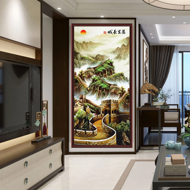 金色万里长城山水画国画玄关过道走廊装饰画客厅贴画靠山图墙壁画