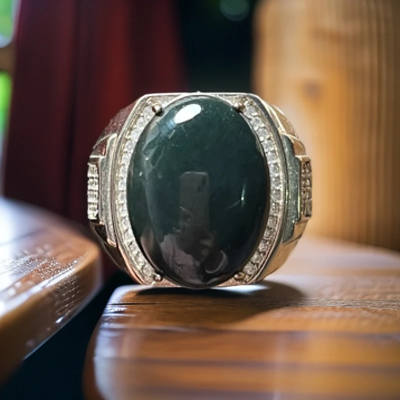 纯天然和田玉大蛋面戒指s925银镶