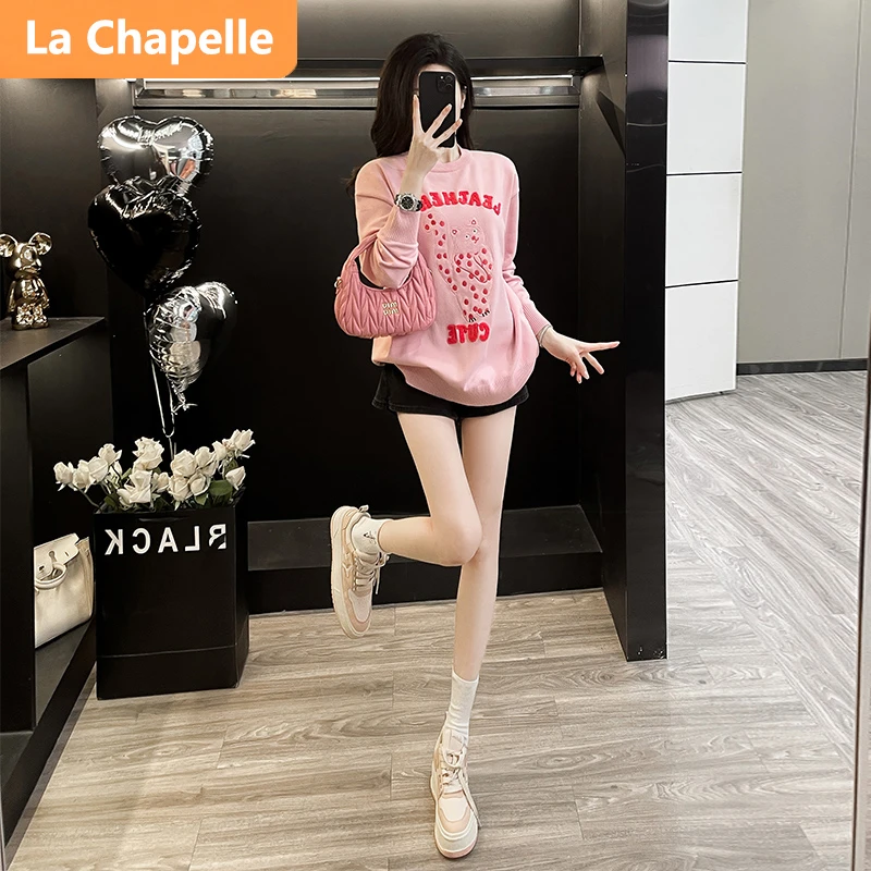 拉夏贝尔俏皮减龄宽松款毛衣女秋季百搭休闲甜粉色小猫套头针织衫