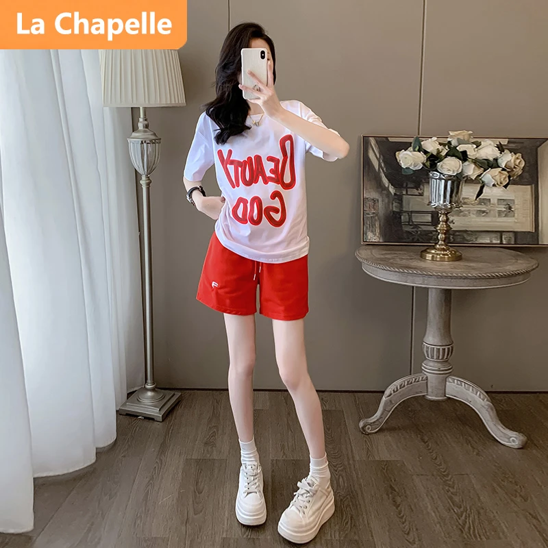 拉夏贝尔时尚休闲套装女夏季新款洋气减龄宽松短袖T恤短裤两件套