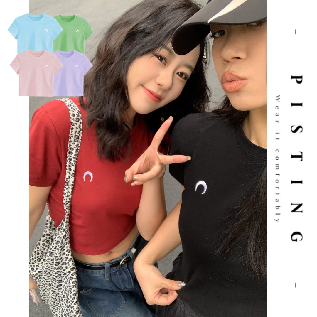 PISTING【多巴胺短T】明星夏季韩版显瘦ins辣妹修身短款月亮T恤