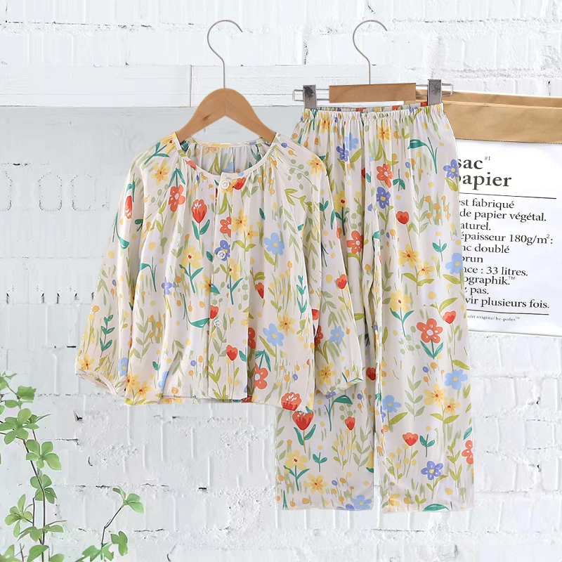 夏季棉绸儿童睡衣薄款长袖女童绵绸宝宝女孩空调服亲子家居服套装