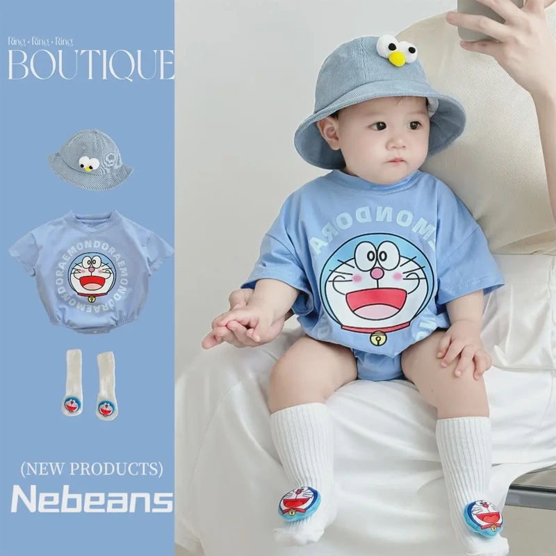 （送袜子）男女宝宝三角哈衣棉质柔软夏天婴儿哈衣爬服蓝胖子