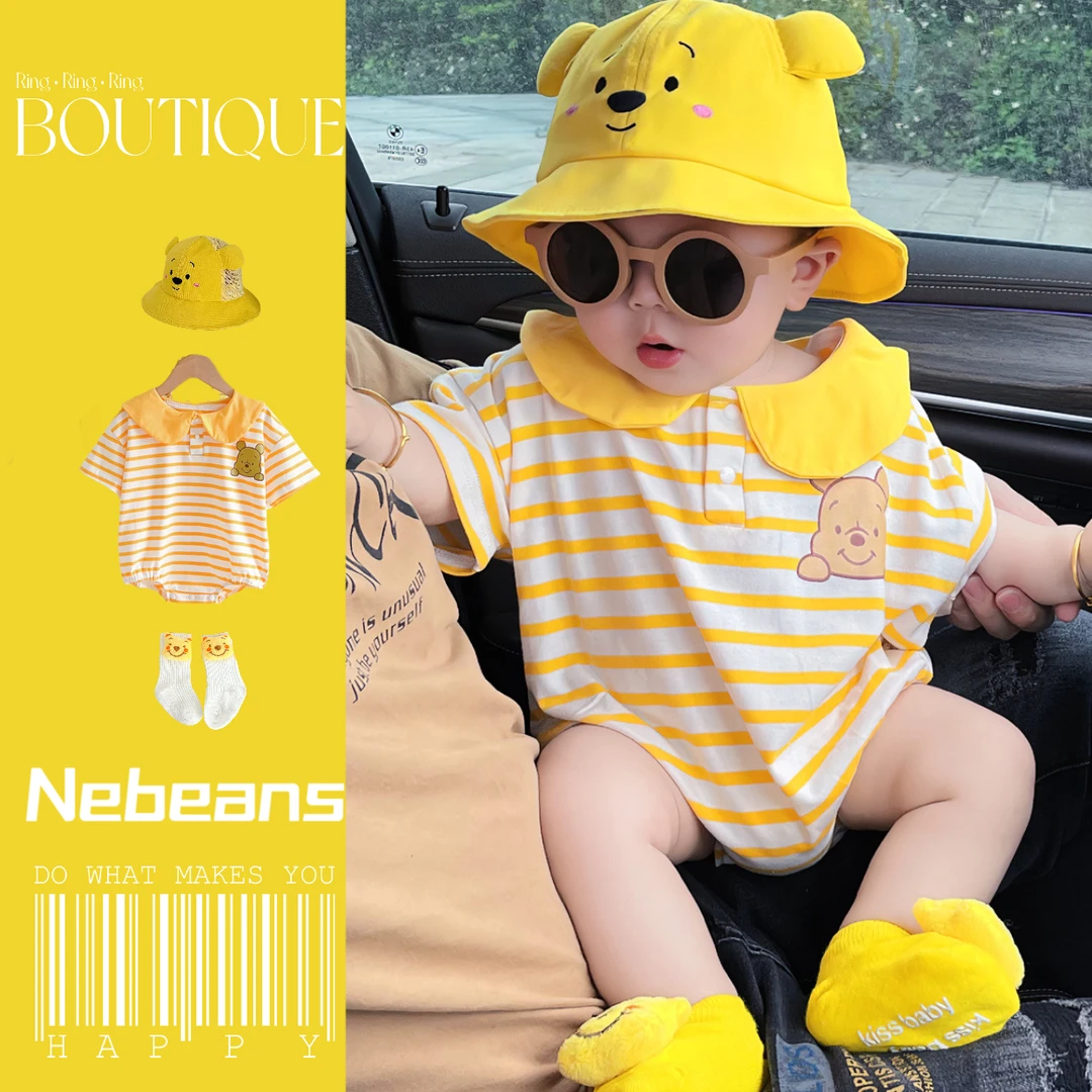 正品卡通黄熊三角包屁衣 A棉柔软海军领条纹小熊哈衣爬爬服