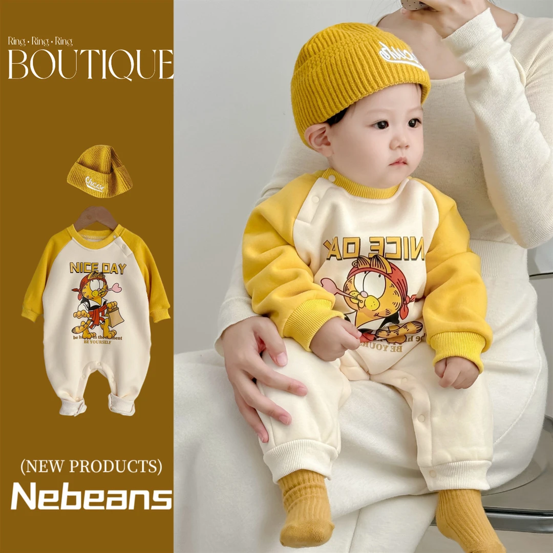 现货（送帽子）秋冬婴幼儿连身哈衣外出服加菲小猫保暖男女宝哈衣