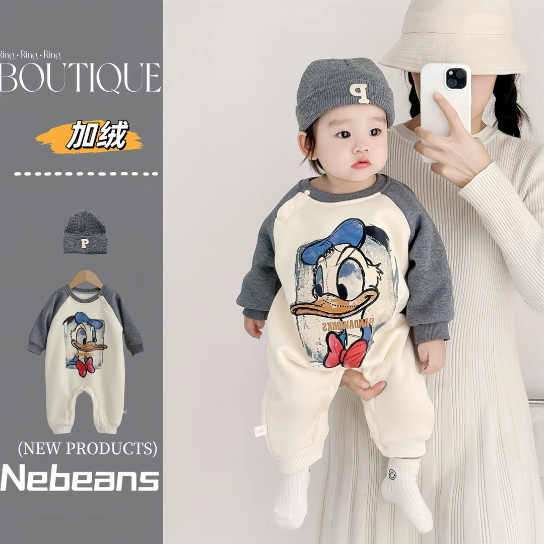 （今天送帽子）秋冬加绒潮款婴儿连身衣外出服 男女宝复古鸭鸭哈衣