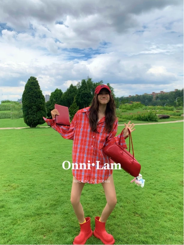 Lam 2024早秋红色格子垫肩宽松阔版美式复古风衬衣韩版秋季新款