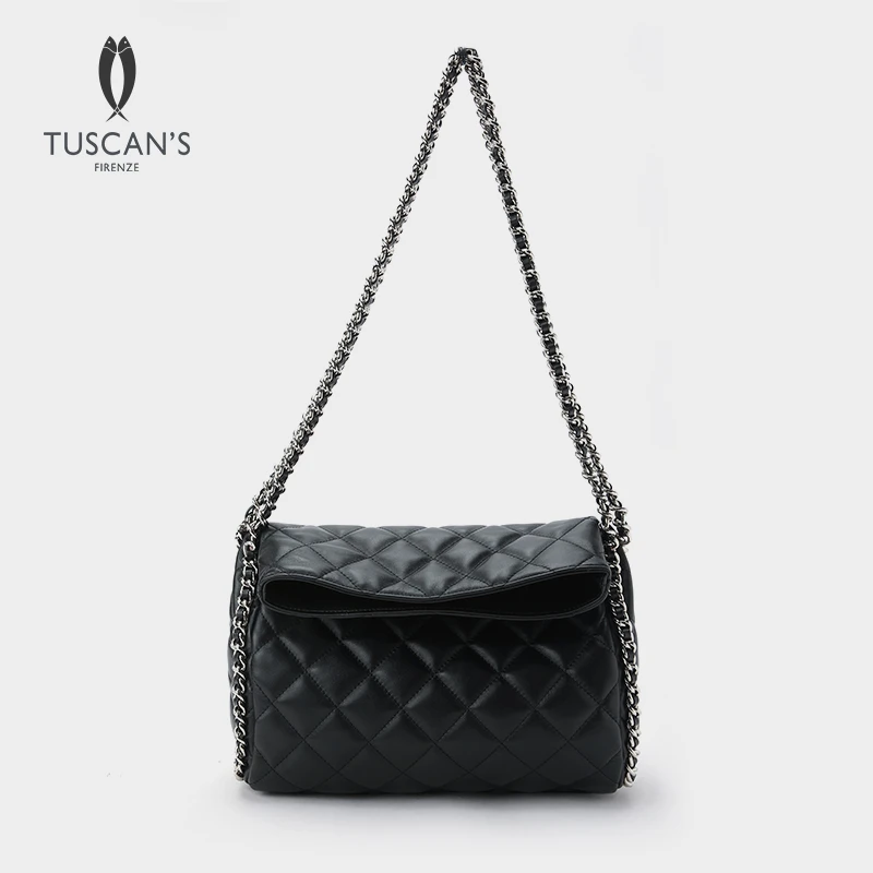TUSCAN'S经典时尚百搭菱格纹气质羊皮黑色链条单肩腋下女士包包