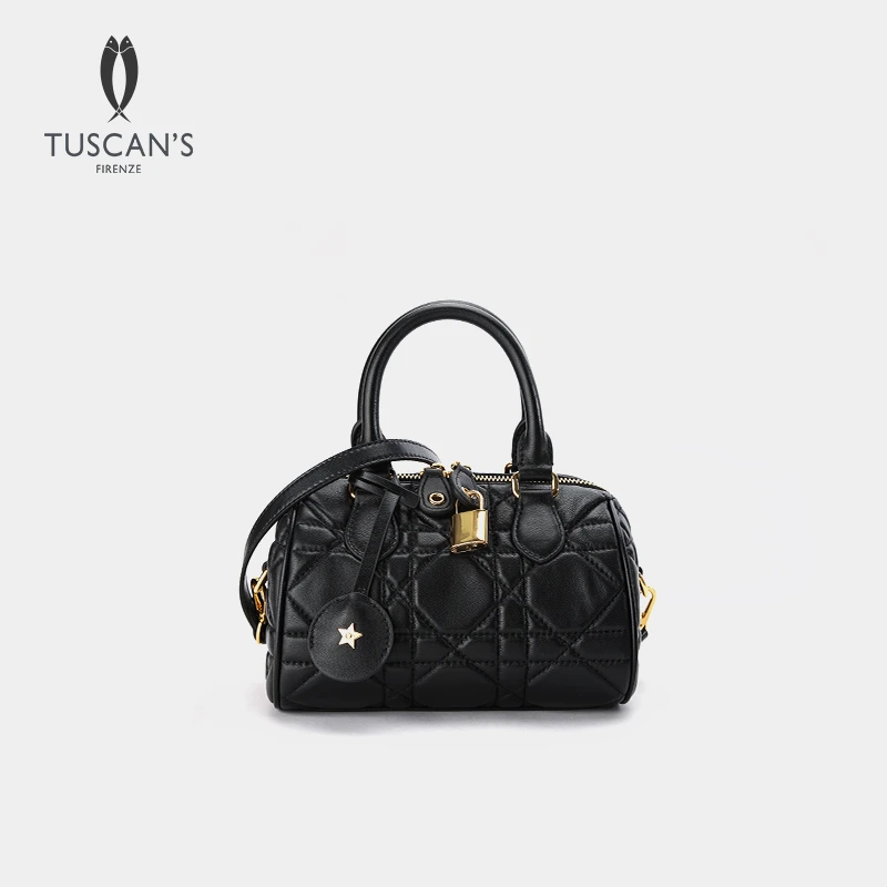 时代双鱼真皮时尚经典菱格波士顿枕头包百搭通勤单肩包