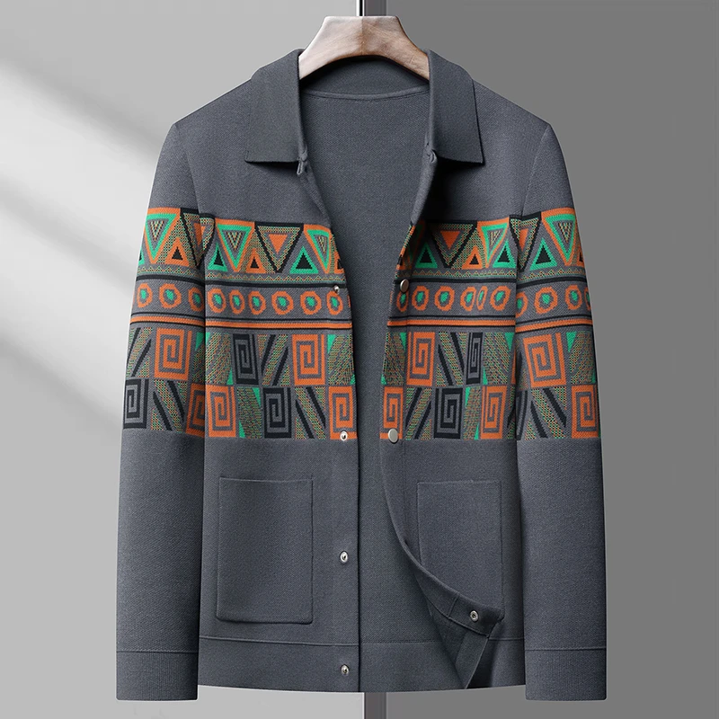 2025男士春秋针织轻奢时尚休闲宽松百搭修身印花翻领开衫23878