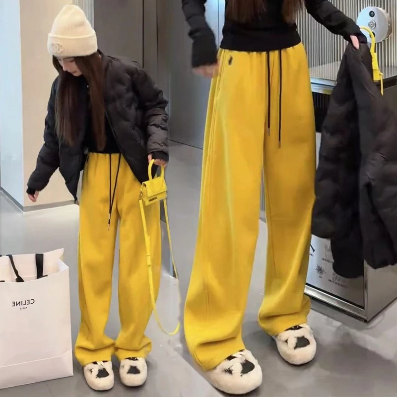 偏汐网红百搭显瘦加绒洋气高腰宽松直筒阔腿裤加厚秋冬新款弯刀裤