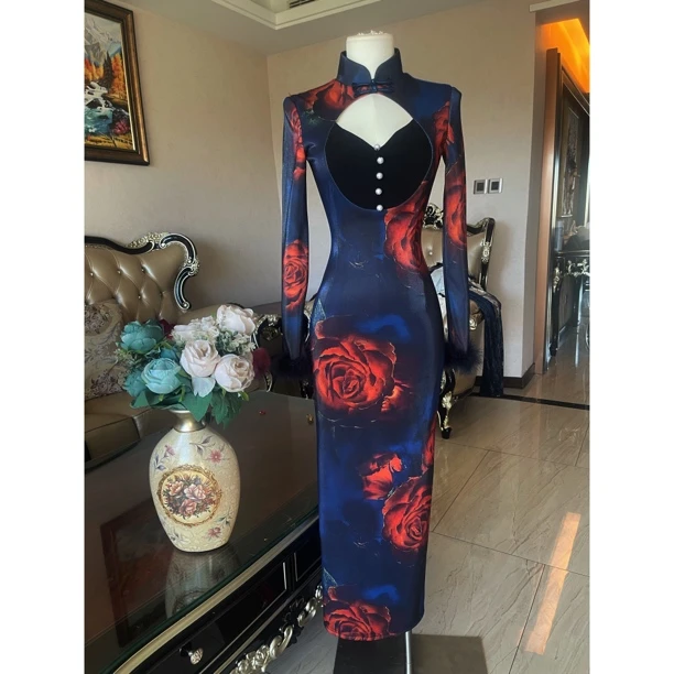 原创自制【鹊桥】新中式性感气质开叉修身长袖定位印花旗袍连衣裙