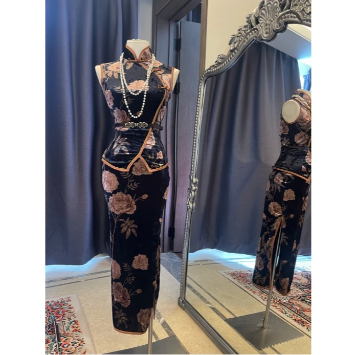 原创自制【孤菱】新中式烧花绒精致斜襟设计修身改良旗袍套装G96