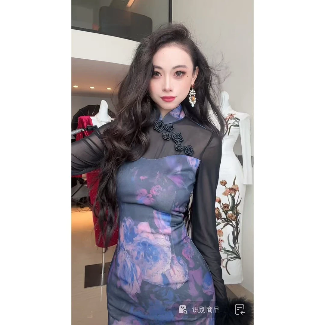 原创自制【玉莹】紫色手工玫瑰花新中式改良气质显瘦复古包臀连衣裙