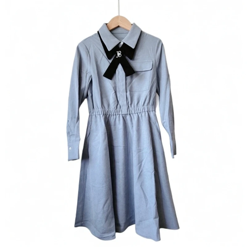 五➕长袖秋季连衣群学院风松紧腰翻领