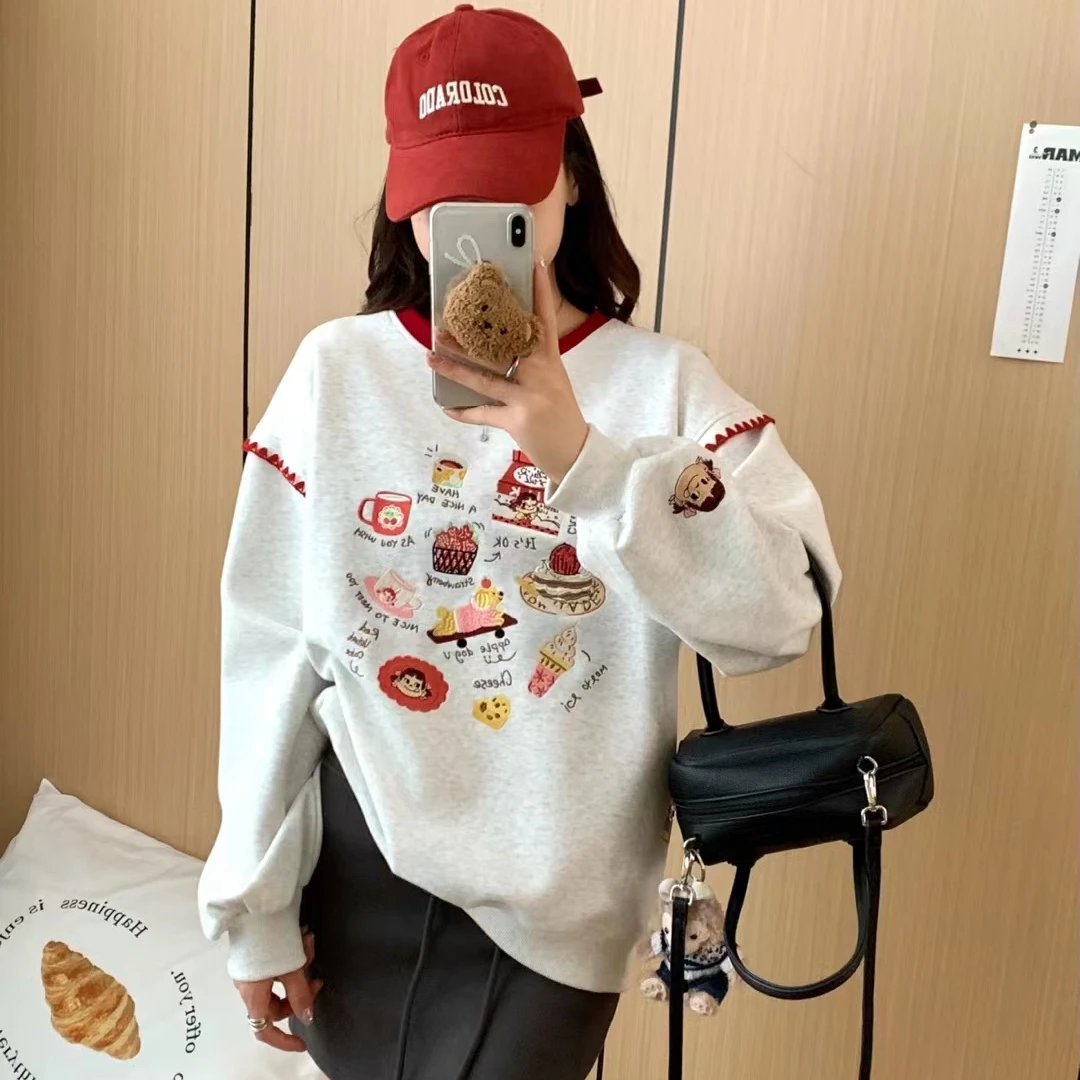 金喜家 不二妹妹刺绣拼色圆领卫衣休闲时尚百搭宽松长袖秋季重工