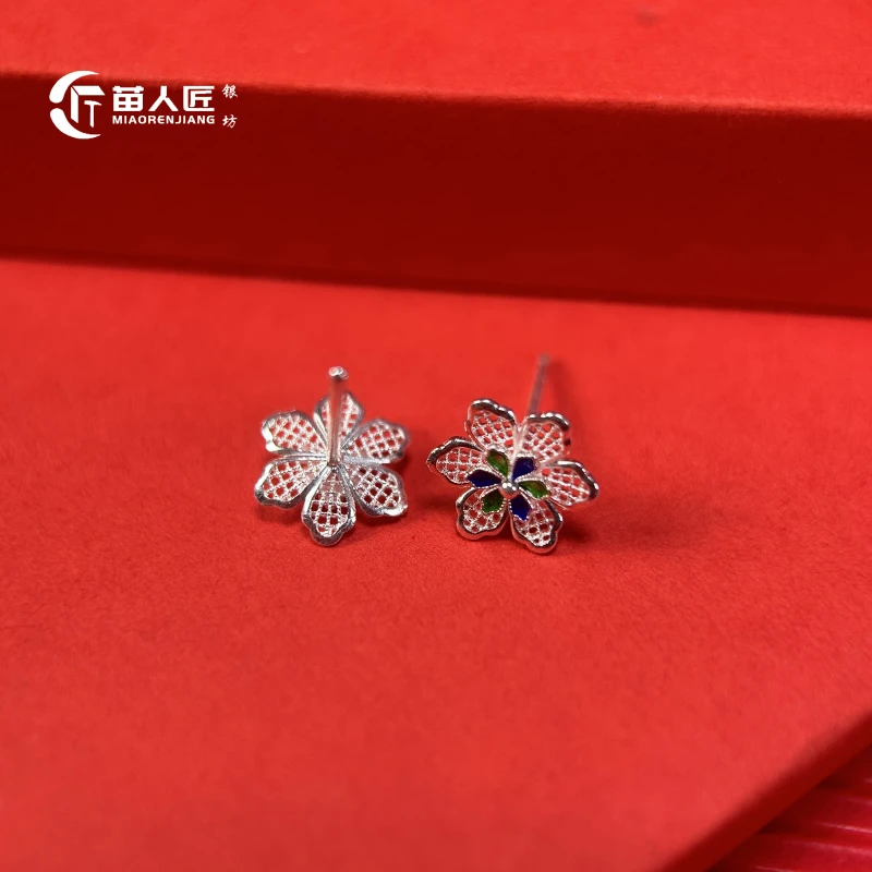 足银珐琅耳饰 苗人匠银坊 足银纯手工 花丝珐琅彩耳钉