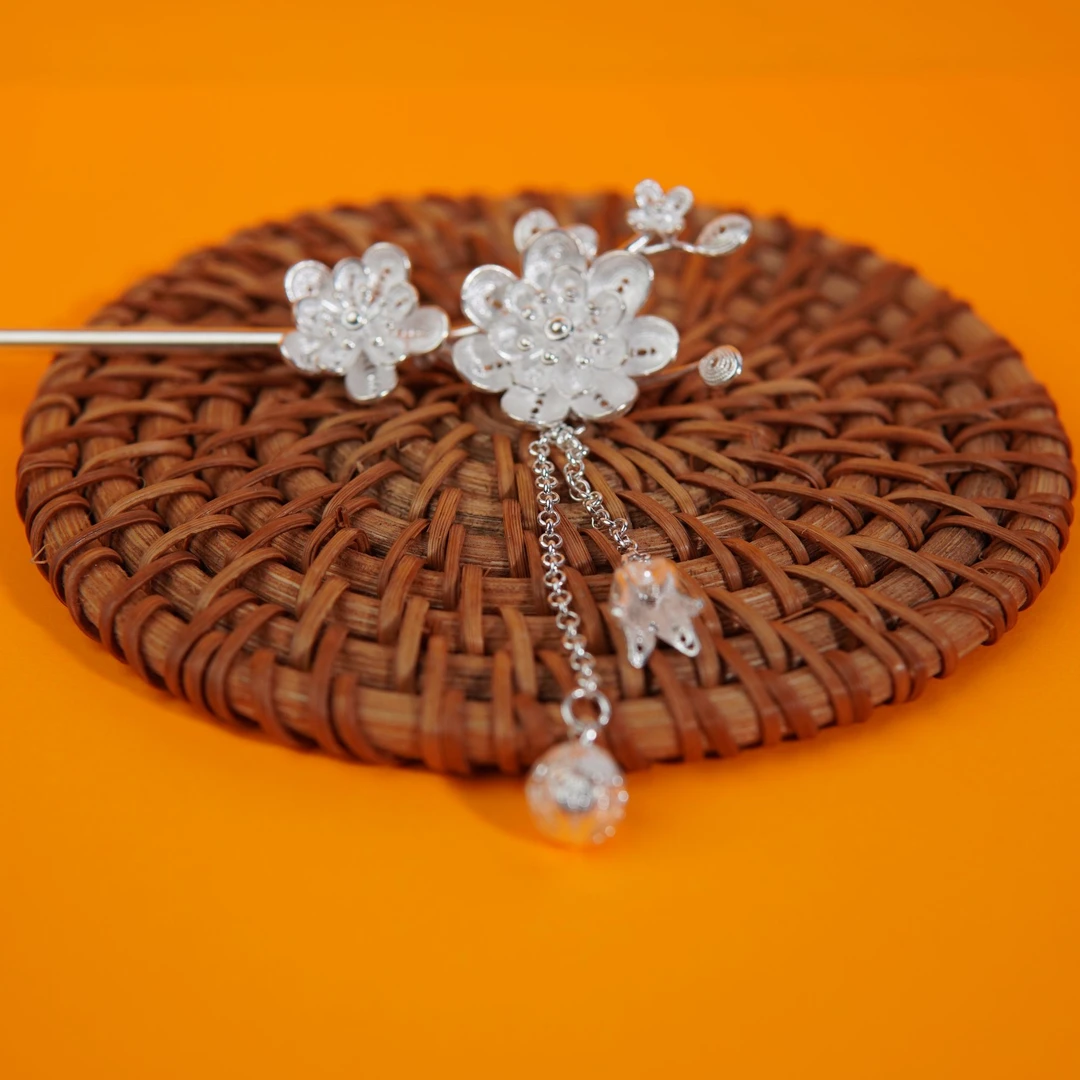 足银银制品 苗人匠银坊 足银纯手工 花丝灵动短流苏足银发簪