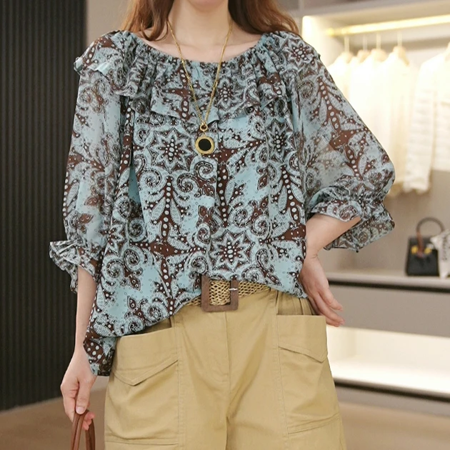 【木桑花】2025夏季新款洋气复古印花上衣显瘦小衫
