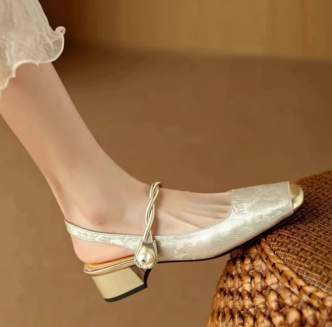 MC3-03杏色新中式仙女风女2024新款夏季配裙子穿包头时尚凉鞋粗跟