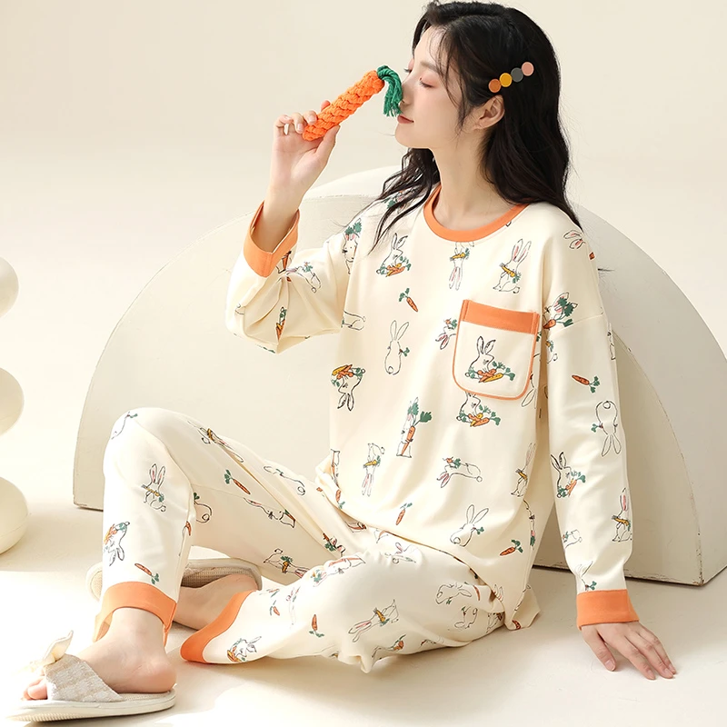 纯棉春秋女士长袖长裤家居服宽松套头圆领大码睡衣可外穿卡通睡衣