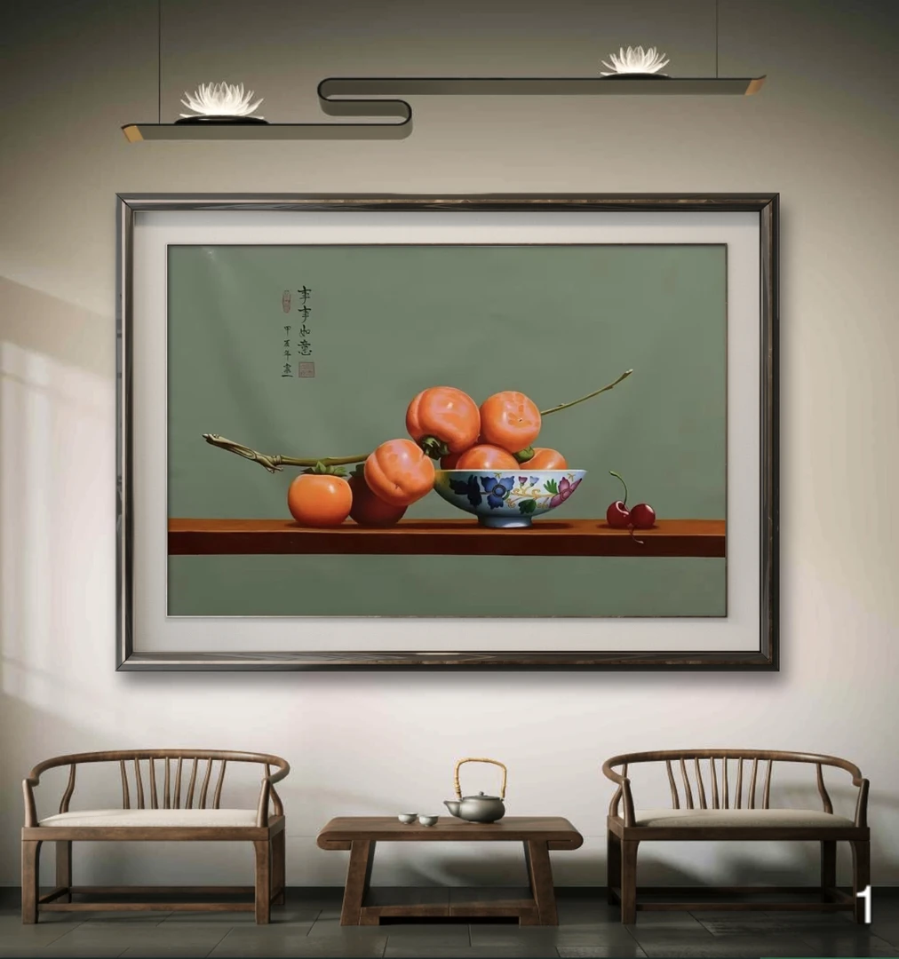 手工新中式柿子画高档餐厅装饰画