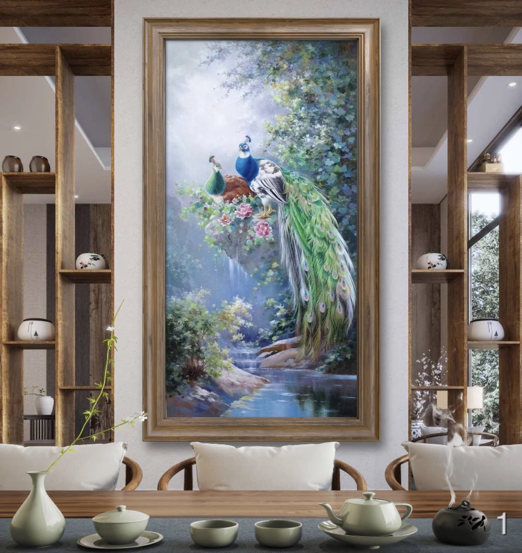 新中式孔雀油画玄关装饰画轻奢风格墙壁画