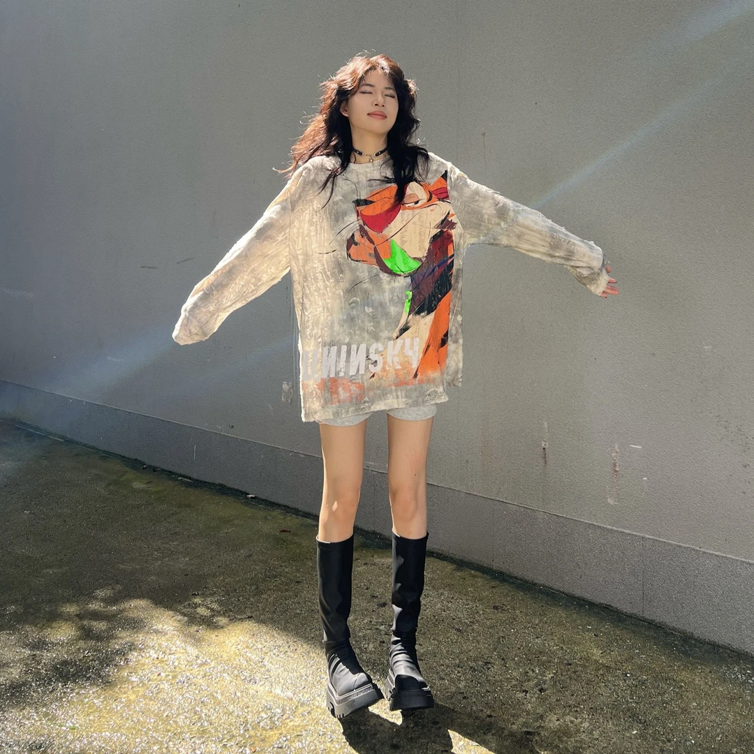 SUNINSKY新国潮扎染肌理长袖T恤防晒显瘦打底衫-S2406192