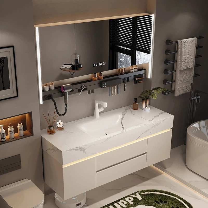 【工厂补贴！】奶油风岩板热弯一体盆现代简约卫生间实木浴室柜组合