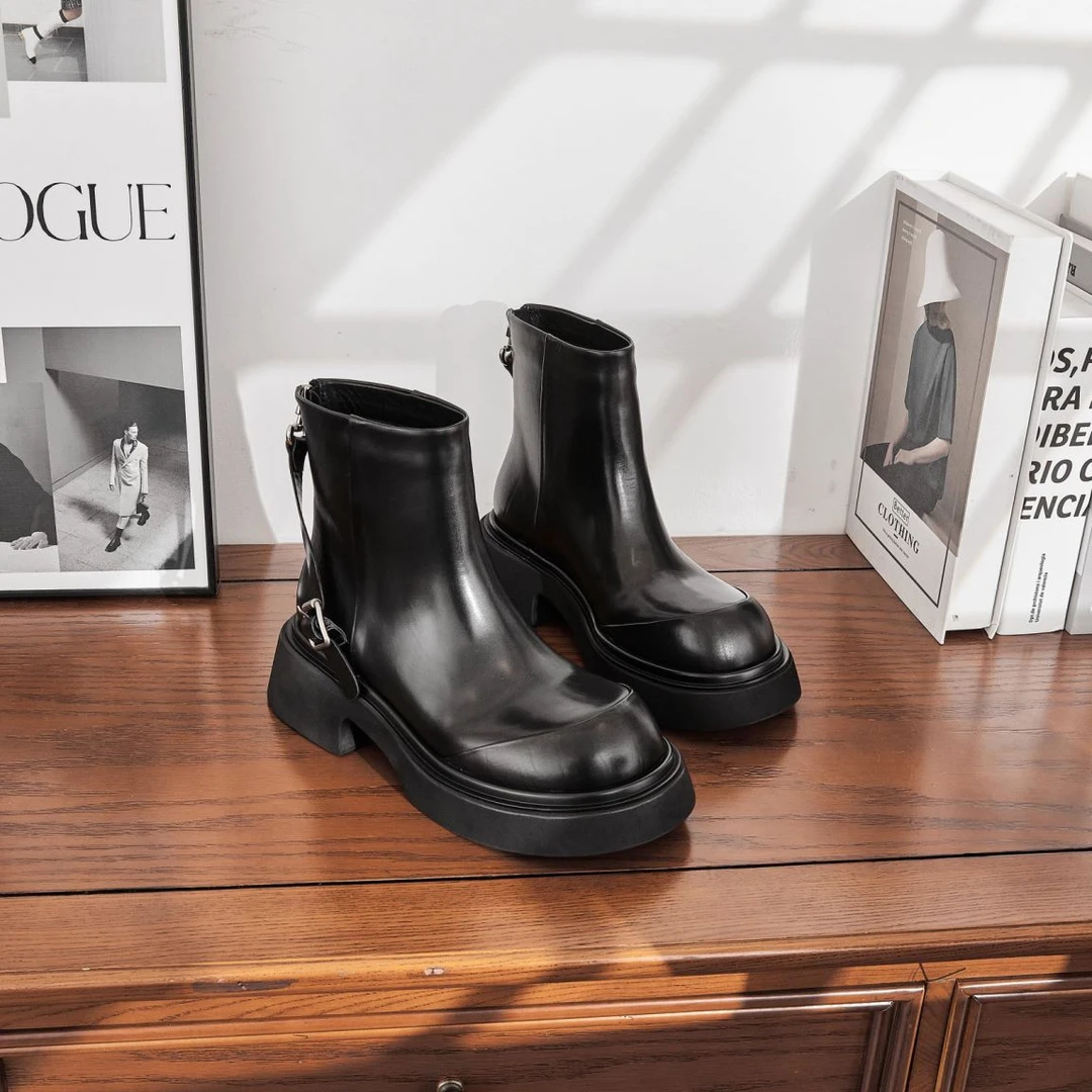 T97短筒圆头秋冬新款厚底牛皮短靴后拉链英伦风切尔西靴女G303