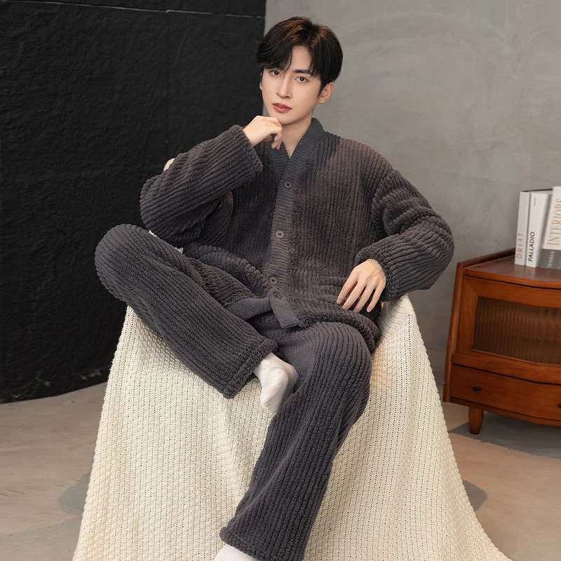 家居睡衣男秋冬季2024年新款法兰绒加绒加厚保暖家居服珊瑚绒套装