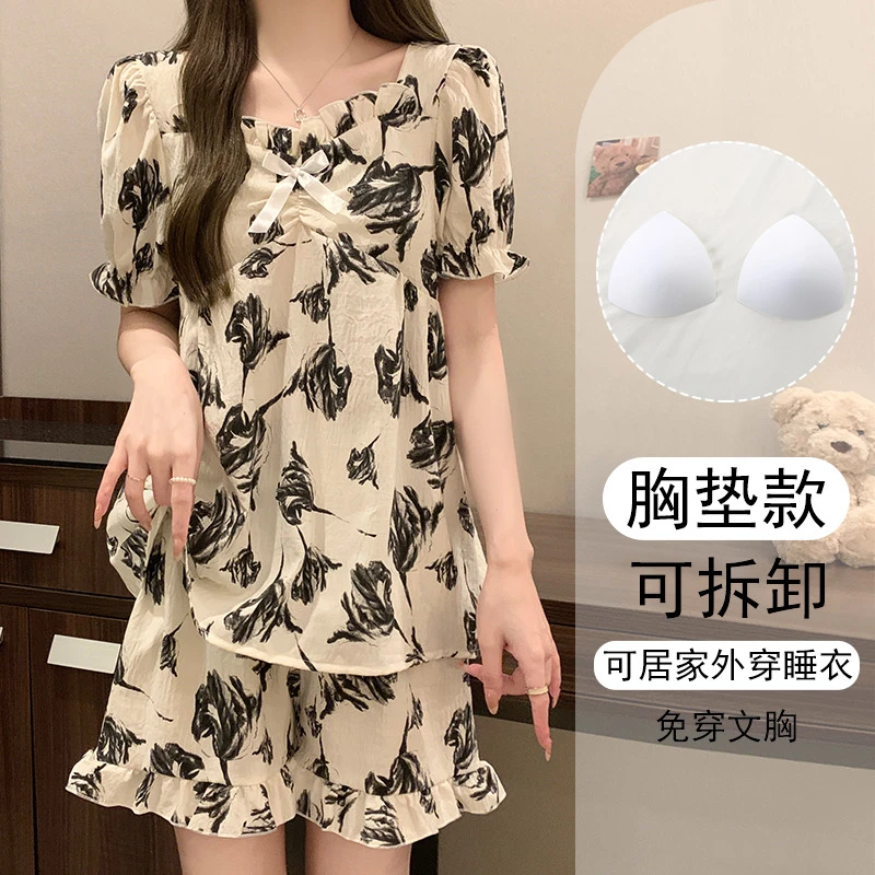 可外出睡衣女夏季宽松带胸垫2024新款家居服短袖学生日系大码套装