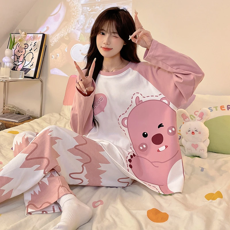 大码睡衣女春秋高颜值可外穿甜美风2024年新款长袖宽松家居服套装