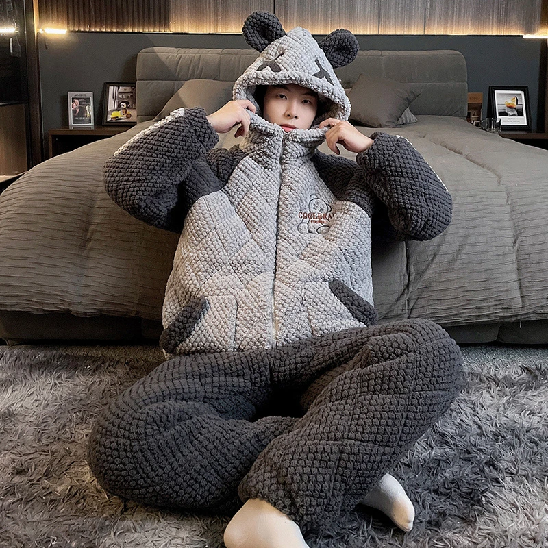 2024新款睡衣男冬季家居服法兰绒珊瑚绒加绒加厚三层夹棉学生套装