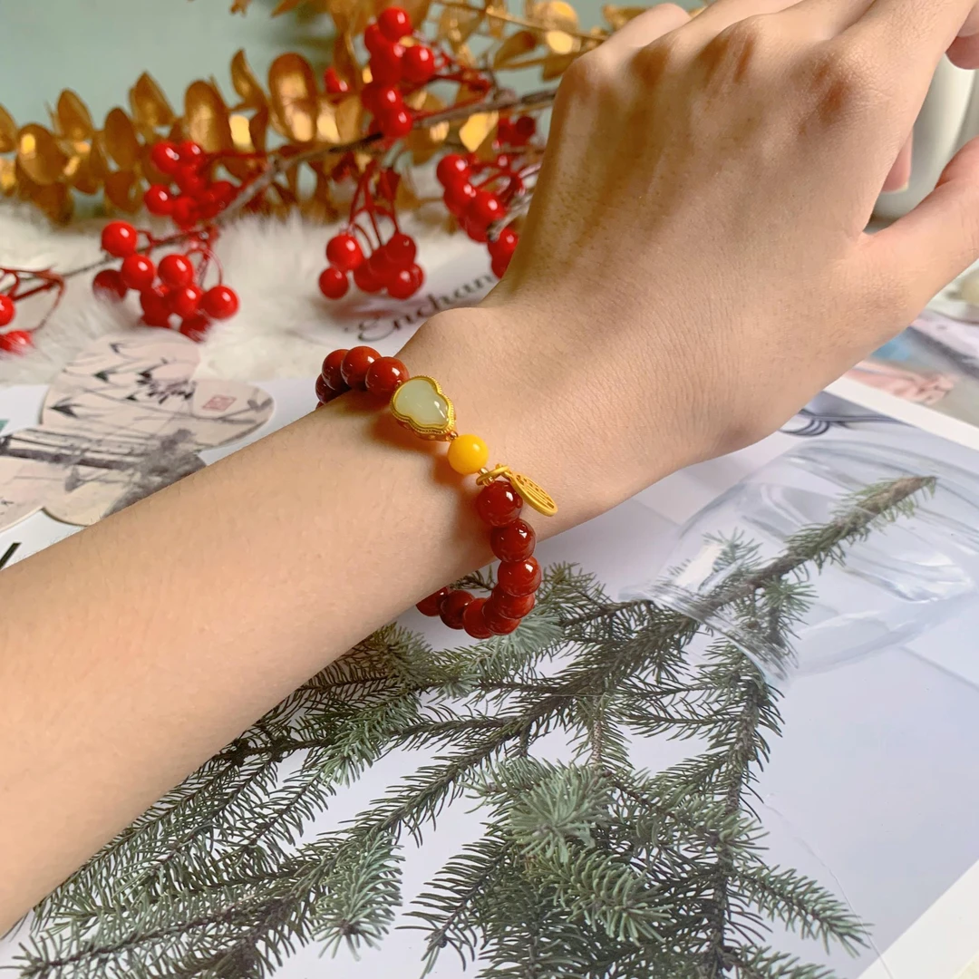 【绕腕凝福】南红玛瑙福牌葫芦手链蜜蜡轻奢百搭玉石手串手工女643