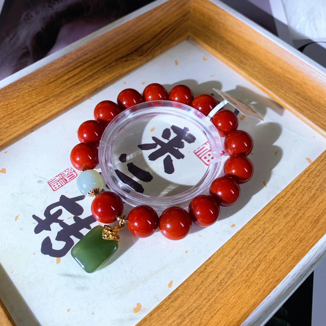 【绕腕凝福】大珠南红手链天然和田玉福牌女款手工手串488