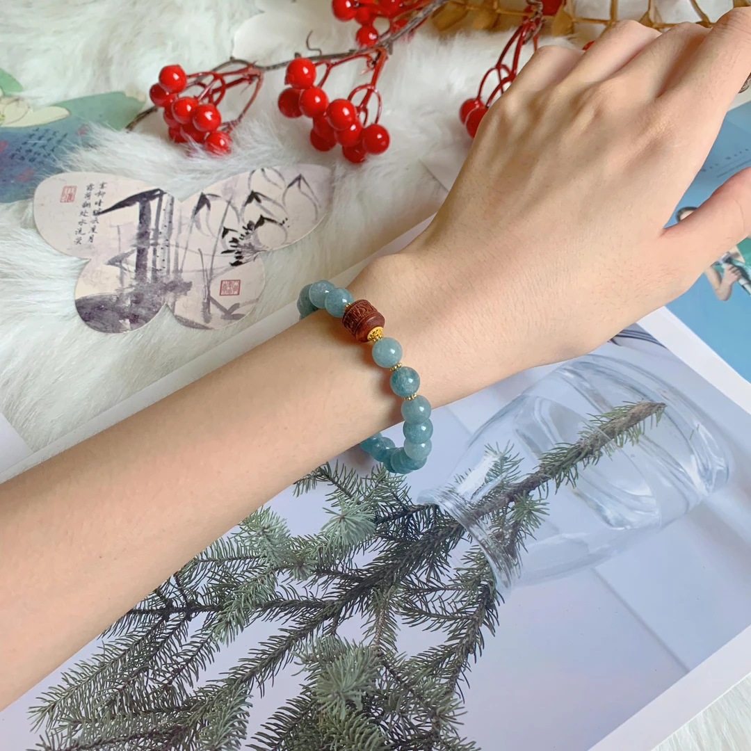 【蓝水清韵】蓝水翡翠桶珠手链蓝色轻奢时尚百搭女士珠珠檀木7107