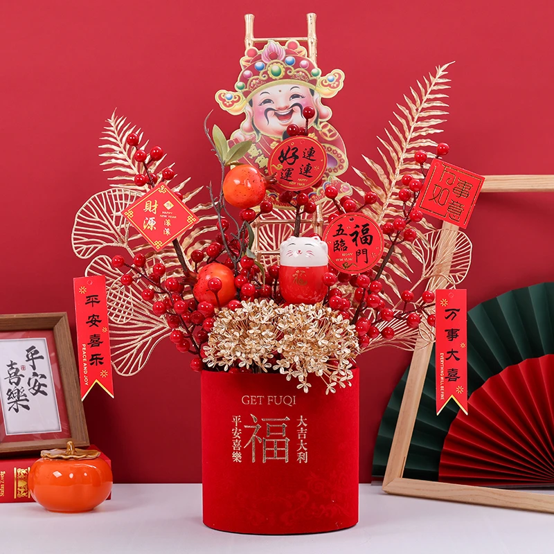 2025蛇年新款年宵花新年福桶插花喜庆仿真花过年花束家居摆件hxz