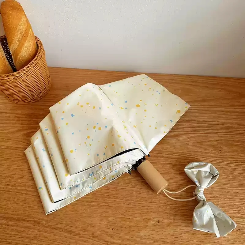 黄底点点三开八折双龙骨伞简约防紫外线防雨晴雨两用伞便携小清新