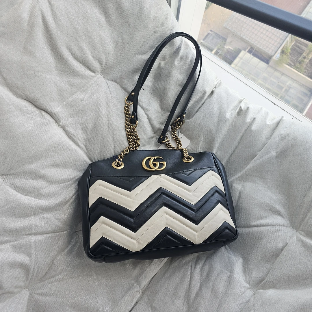 95新 GUCCI/古驰 805450 Gucci 黑白拼色托特单肩包