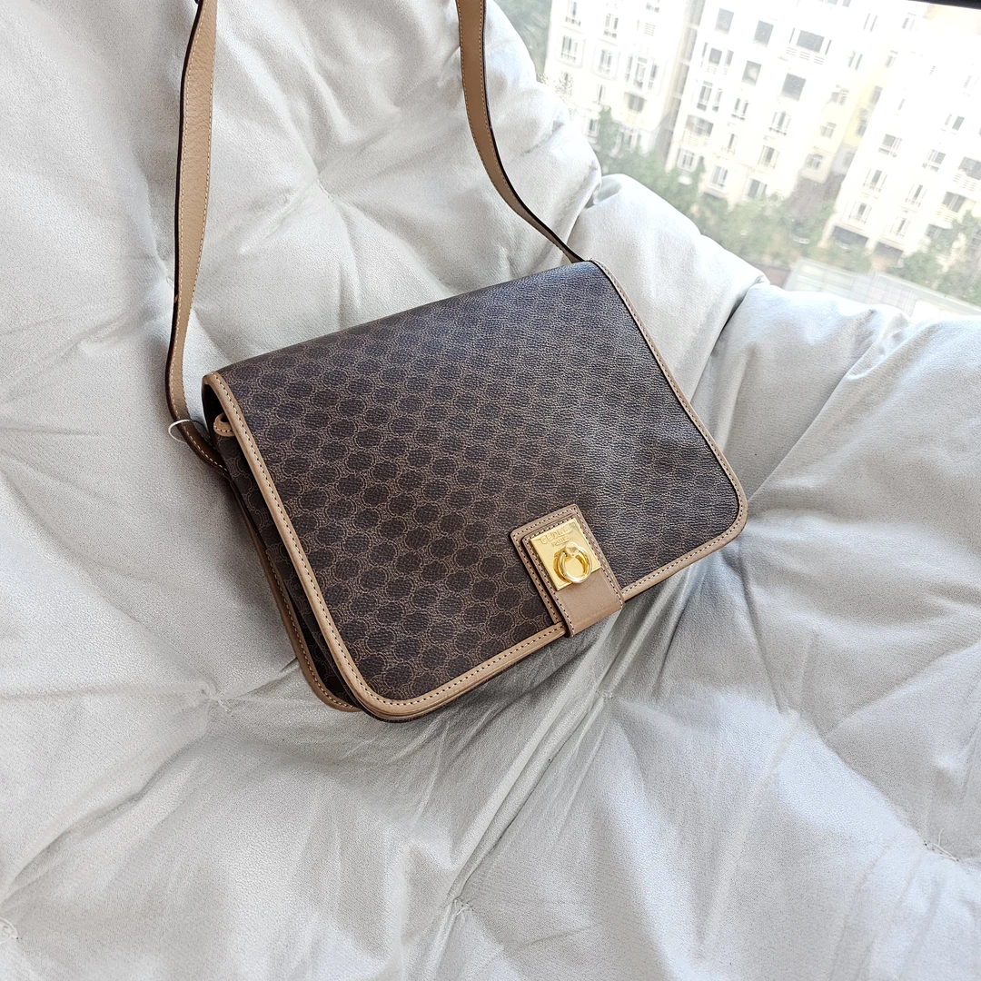 95新 Celine/思琳 802619 思琳老花金标邮差单肩包