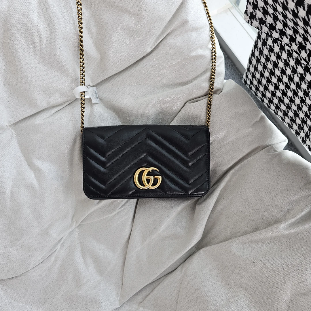 95新 GUCCI/古驰 802852 古驰黑金马蒙WOC单肩包