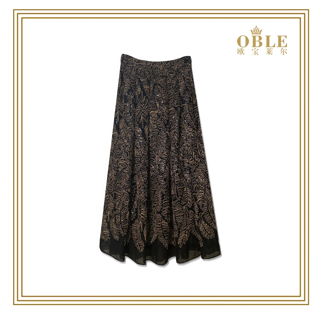 2025秋季新款蕾丝拼接亮片修黑色半身裙 602-6602