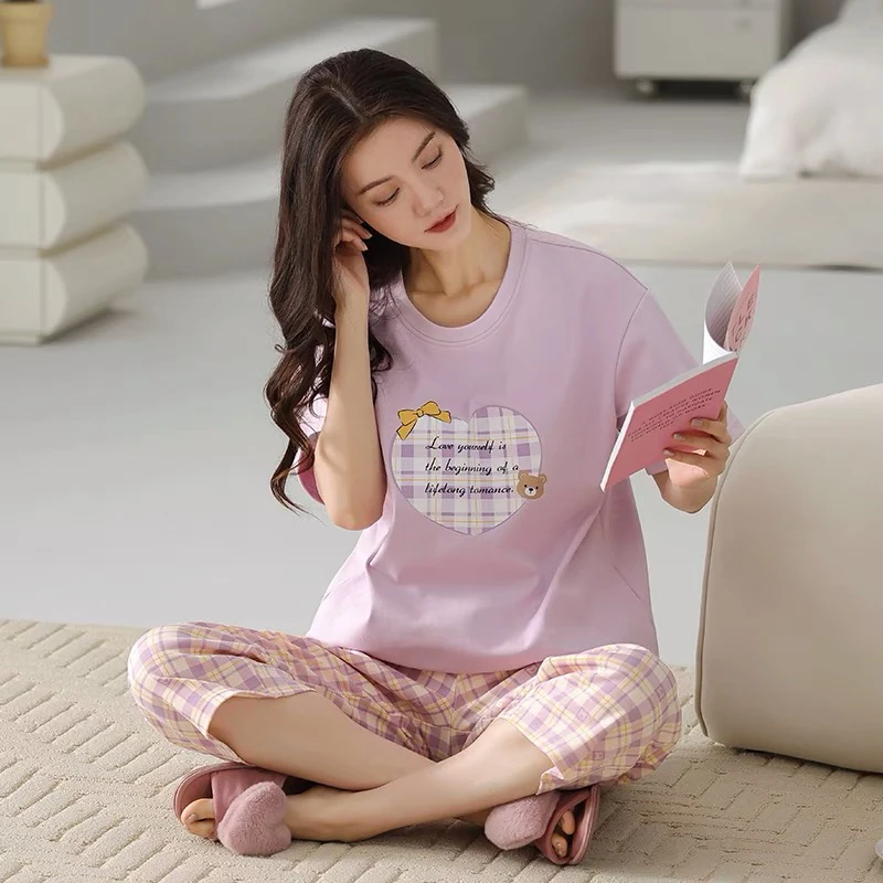 带胸垫女士纯棉短袖七分裤睡衣套装色紫色格子YZT72104