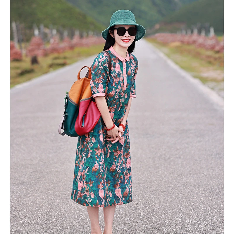 青喜/十木米原创夏新款亚麻印花旅行文艺复古气质中长连衣裙