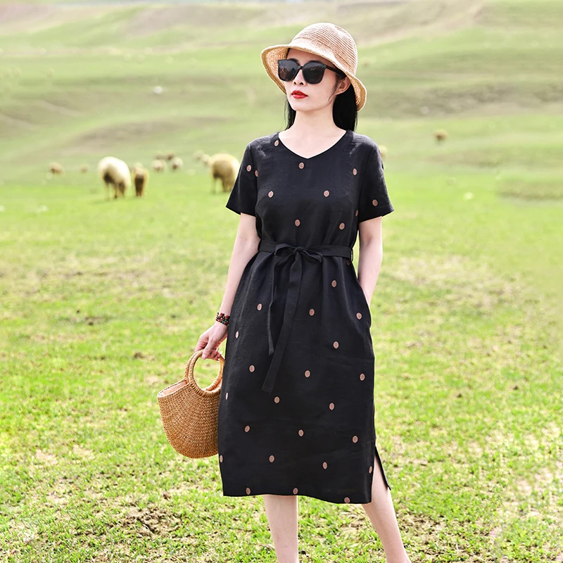 简月/十木米原创设计夏季新款亚麻绣花波点文艺气质中长连衣裙